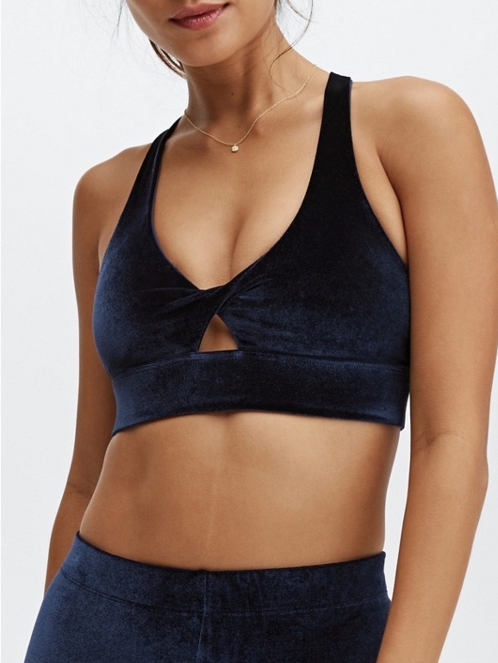 Fabletics Oasis Twist Velour Sports Bra- Navy Blue- Size Medium